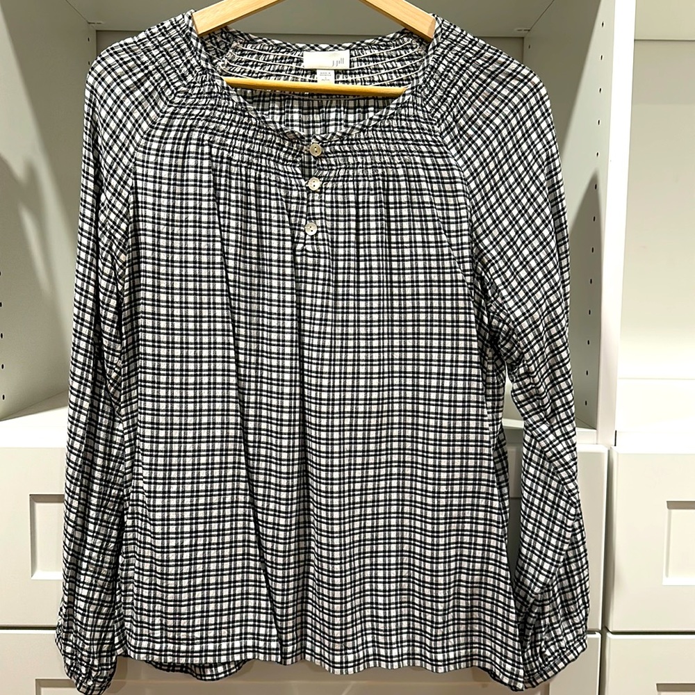 J. Jill Black and White Plaid Button-Neck Blouse With Smocking, Petite Small